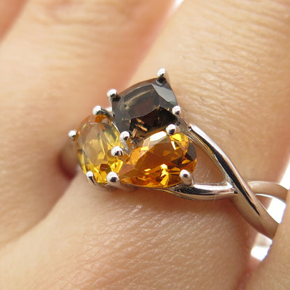 925 Sterling Silver Smoky Quartz Lemon Citrine & Citrine Gem Ring Size 10.25