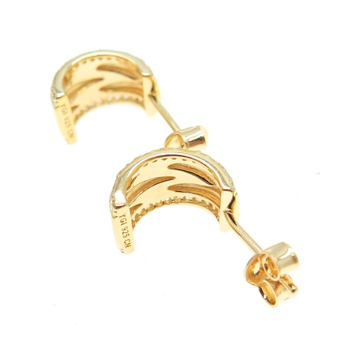 925 Sterling Silver Gold Plated Round-Cut C Z Letter "W" Half Hoop Earrings