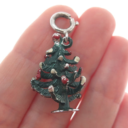 JEWELART Sterling Silver Antique Enamel Christmas Tree Spring Ring Charm Pendant