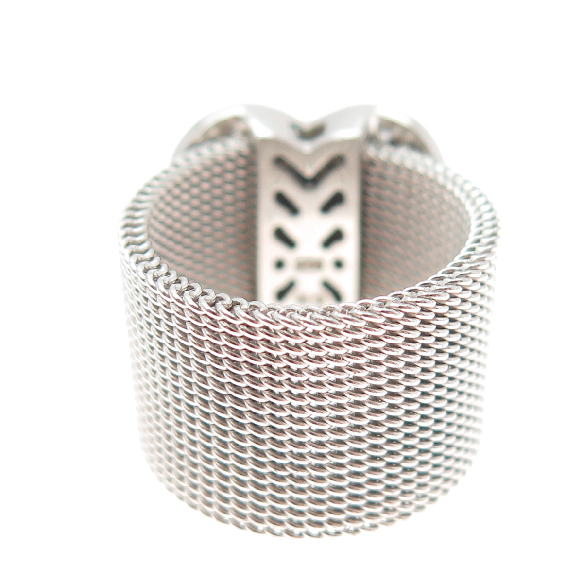 925 Sterling Silver Enamel & Round-Cut C Z Heart Mesh Ring Size 8.25