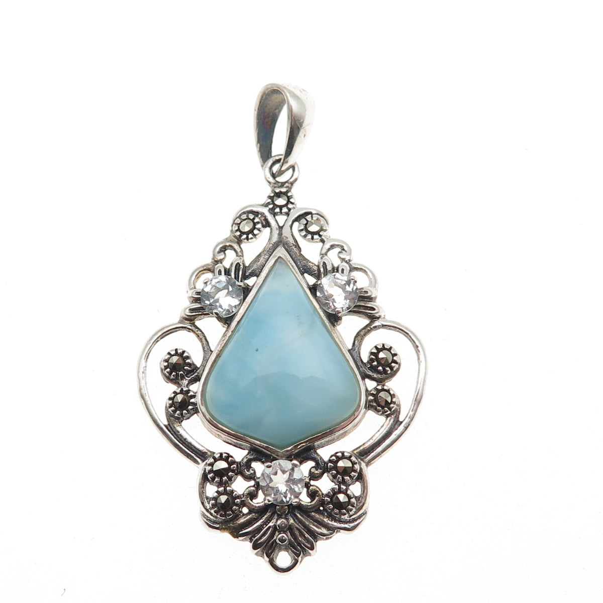925 Sterling Silver Real Larimar Light Blue Topaz & Marcasite Floral Pendant