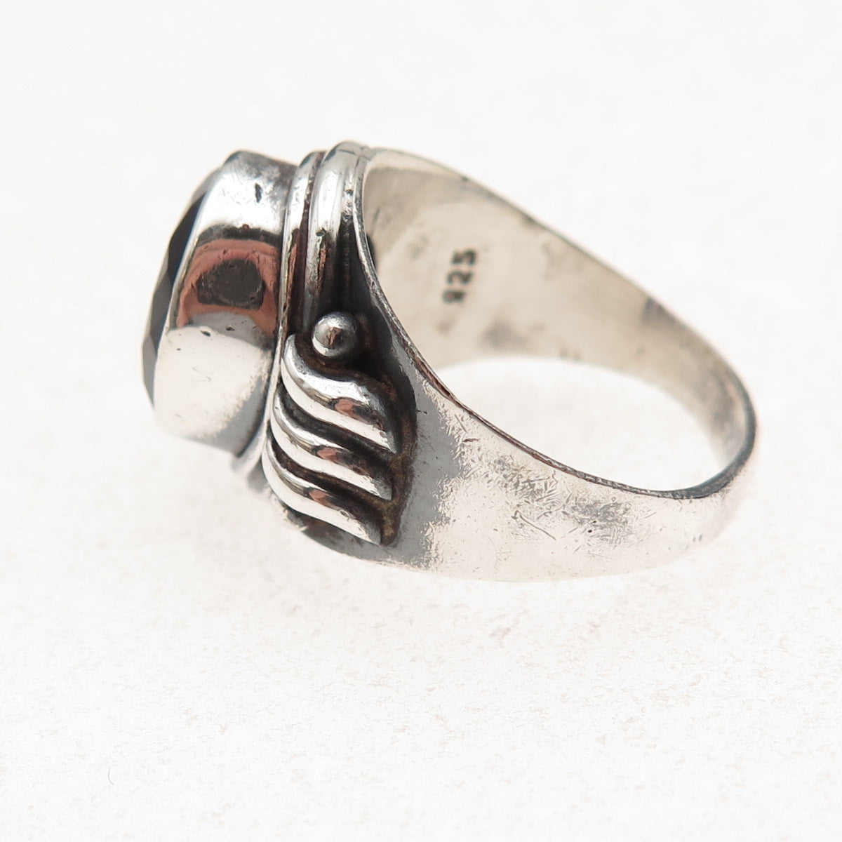 925 Sterling Silver Vintage Real Amethyst Modernist Oxidized Ring Size 7