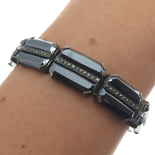 925 Sterling Silver Antique Germany Real Hematite & Marcasite Bracelet 7"