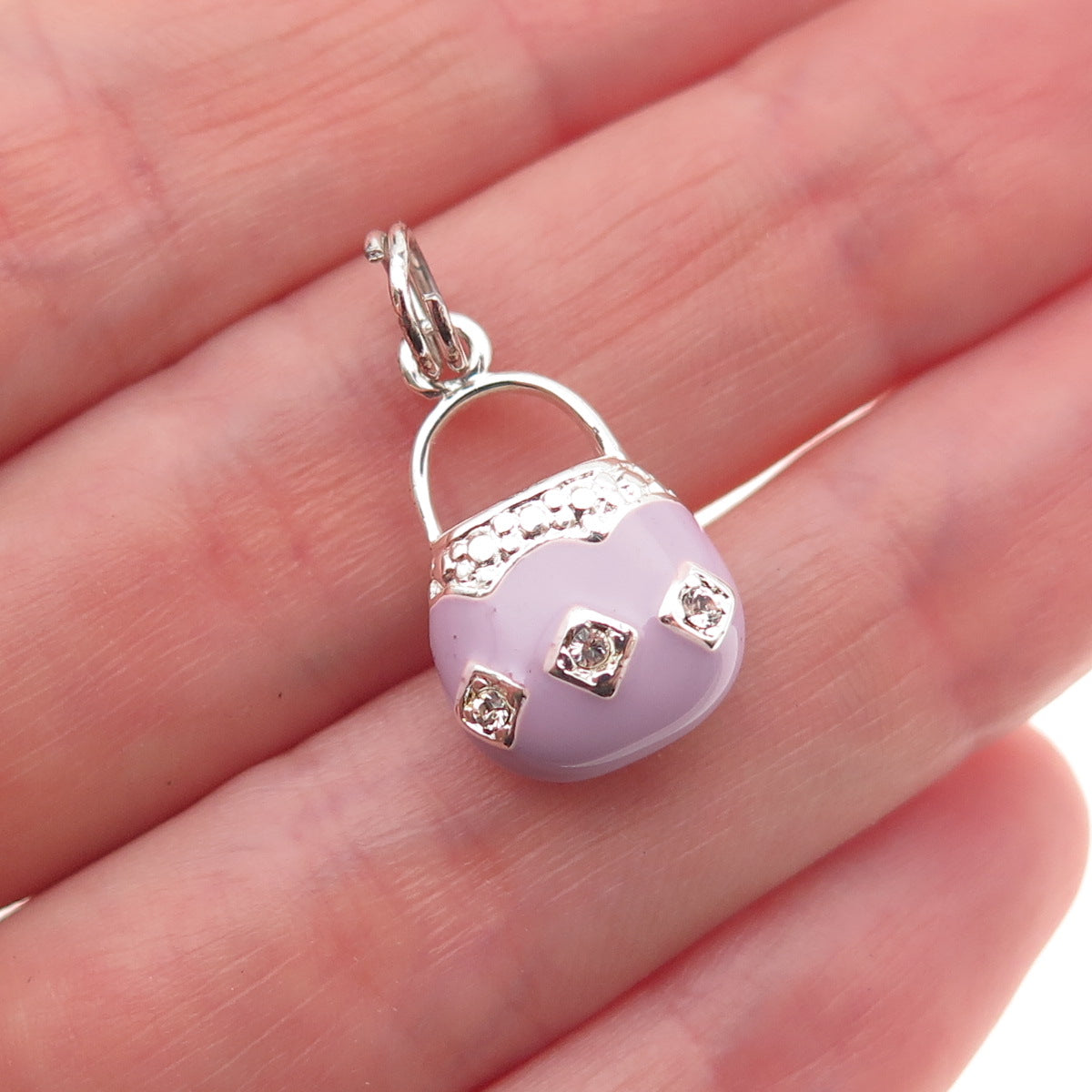 925 Sterling Silver Enamel Round-Cut C Z Ladies Purse Charm Pendant