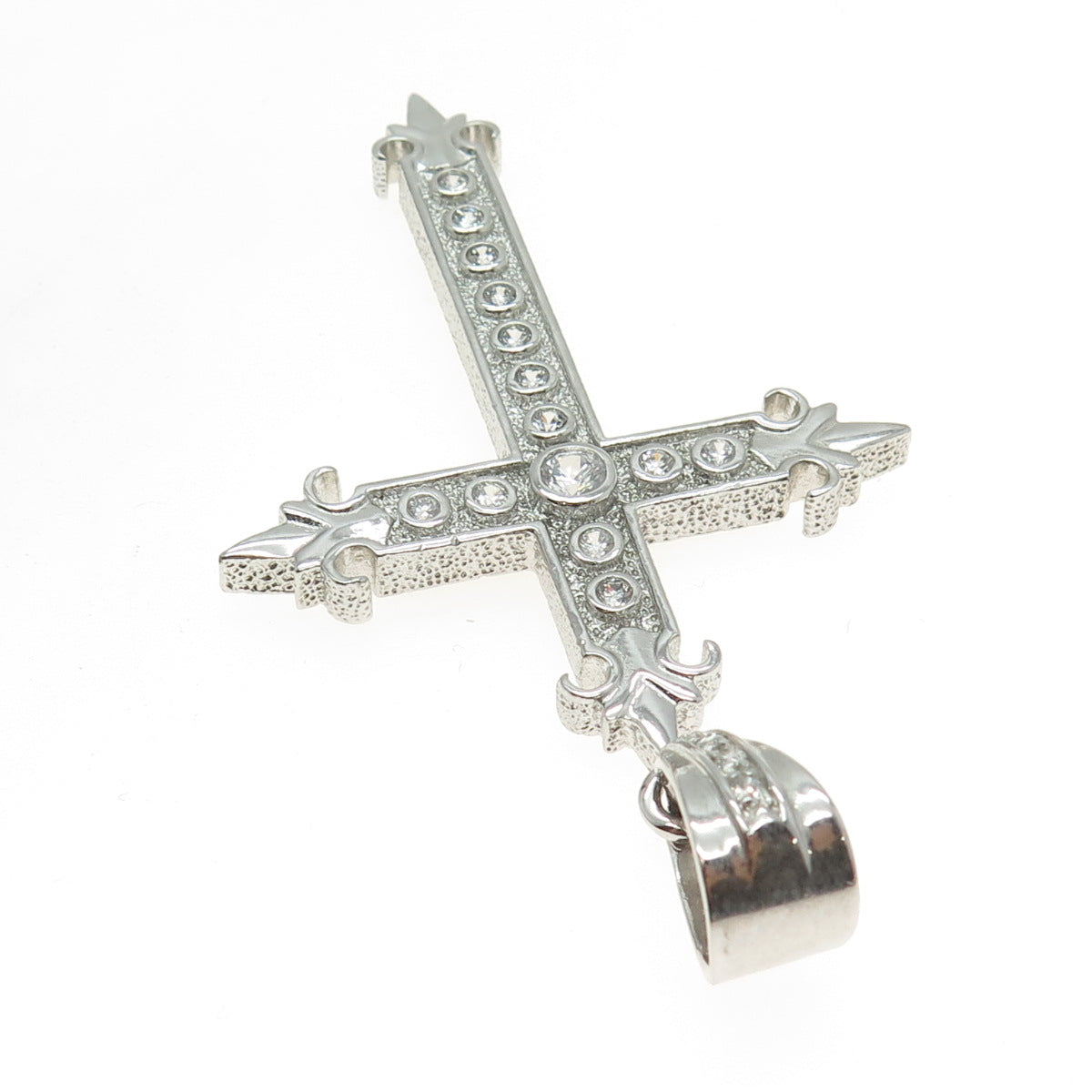 925 Sterling Silver Round-Cut Shaped C Z Fleur-de-Lis Cross Pendant