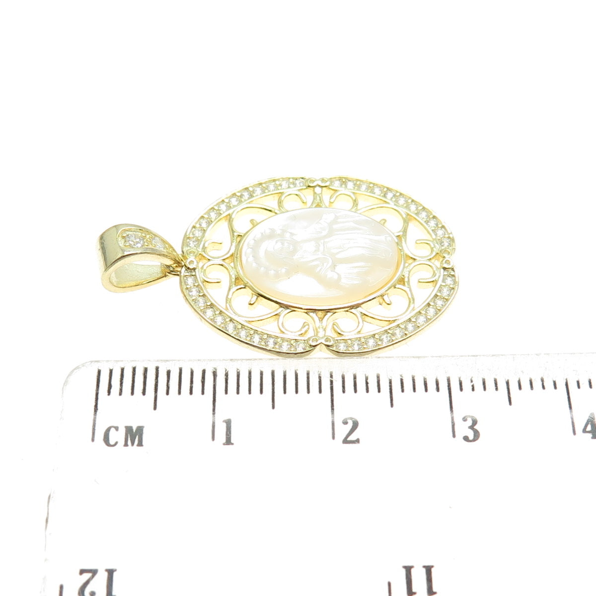 925 Sterling Silver Gold Plated Mother-of-Pearl & C Z Religious Theme Pendant