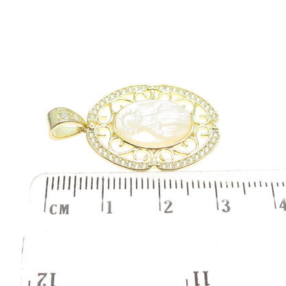 925 Sterling Silver Gold Plated Mother-of-Pearl & C Z Religious Theme Pendant