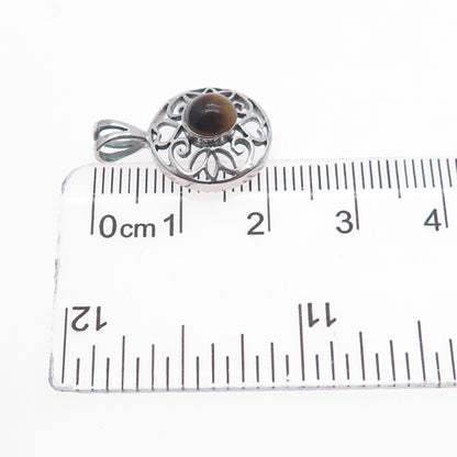 CHARLES WINSTON 925 Sterling Silver Vintage Real Tiger Eye Ornate Charm Pendant