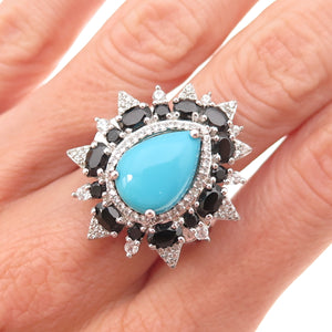 925 Sterling Silver Real Turquoise Black Spinel & White Topaz Floral Ring Size 8