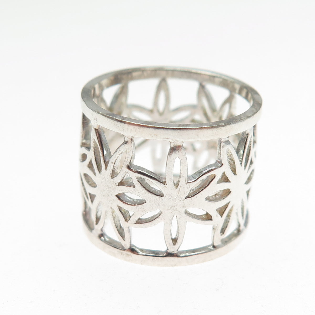 925 Sterling Silver Vintage Flower Wide Band Ring Size 7.25