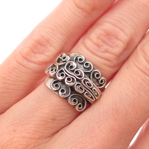 Beau Sterling Silver Antique Art Deco Heart Adjustable Oxidized Ring Size 5.25