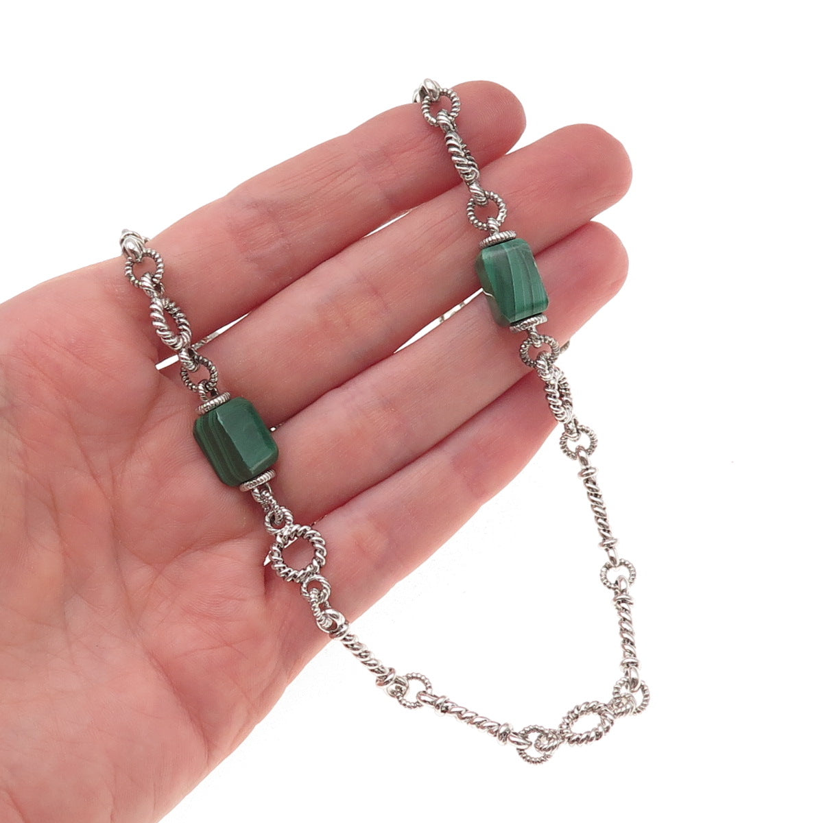 Judith Ripka 925 Sterling Silver Real Malachite & Black Onyx Chain Necklace 24"