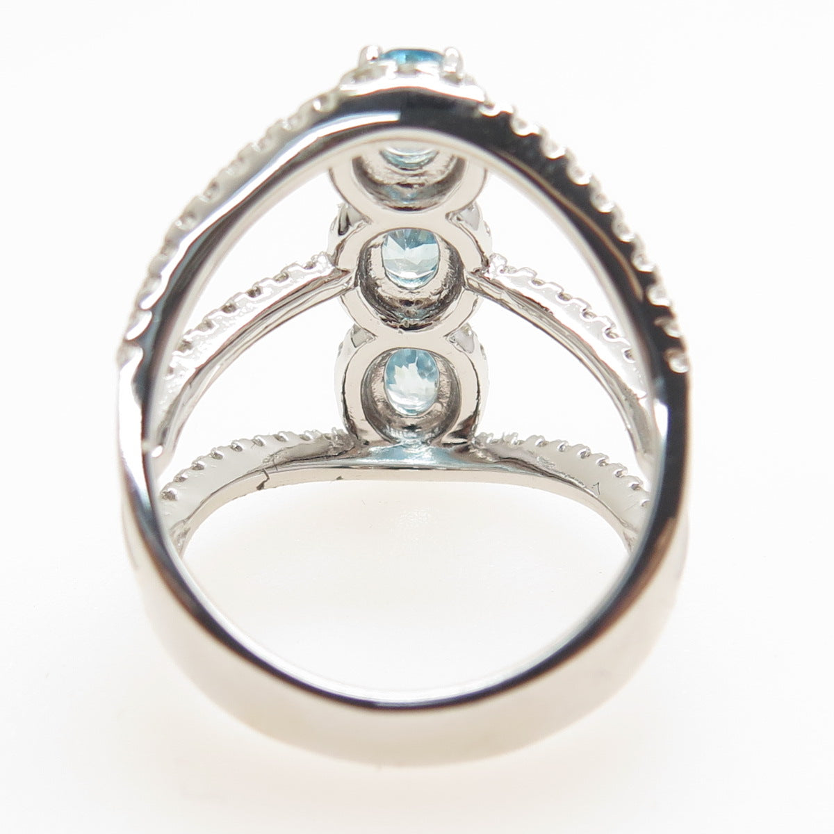 925 Sterling Silver Real Blue & White Topaz 3-Row Spine Ring Size 7.25