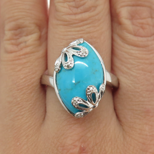 925 Sterling Silver Real Round-Cut Diamond & Turquoise Floral Ring Size 10