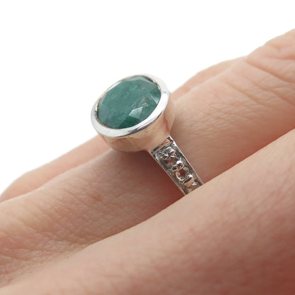 925 Sterling Silver Real Round-Cut Diamond & Oval-Cut Emerald Ring Size 7.75