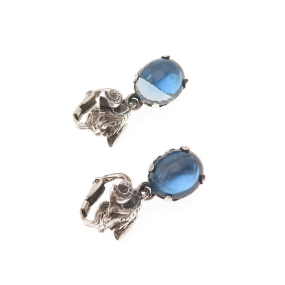 Cini 925 Sterling Silver Antique Art Deco Blue Glass Floral Clip On Earrings