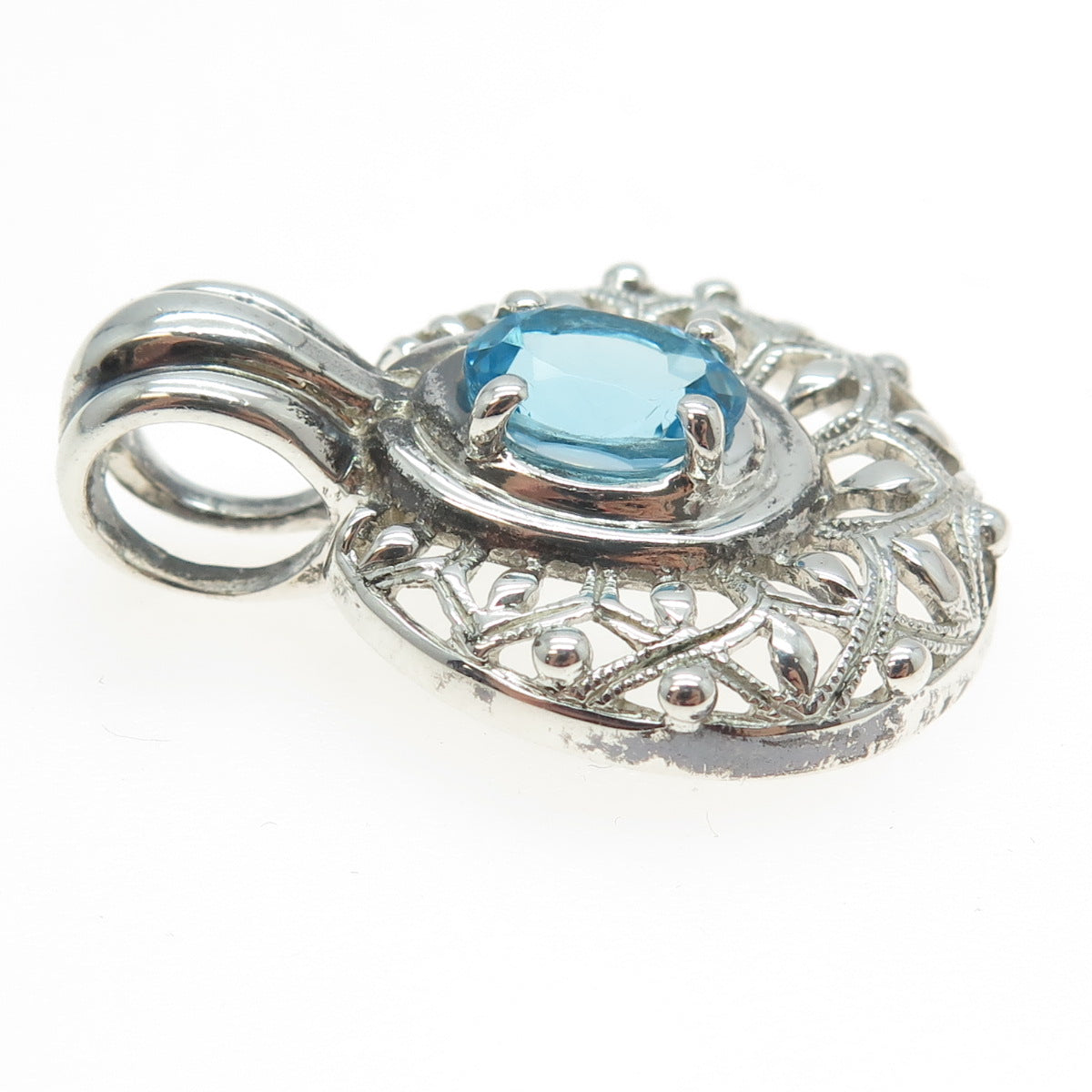 925 Sterling Silver Real Oval-Cut Blue Topaz Ornate Pendant