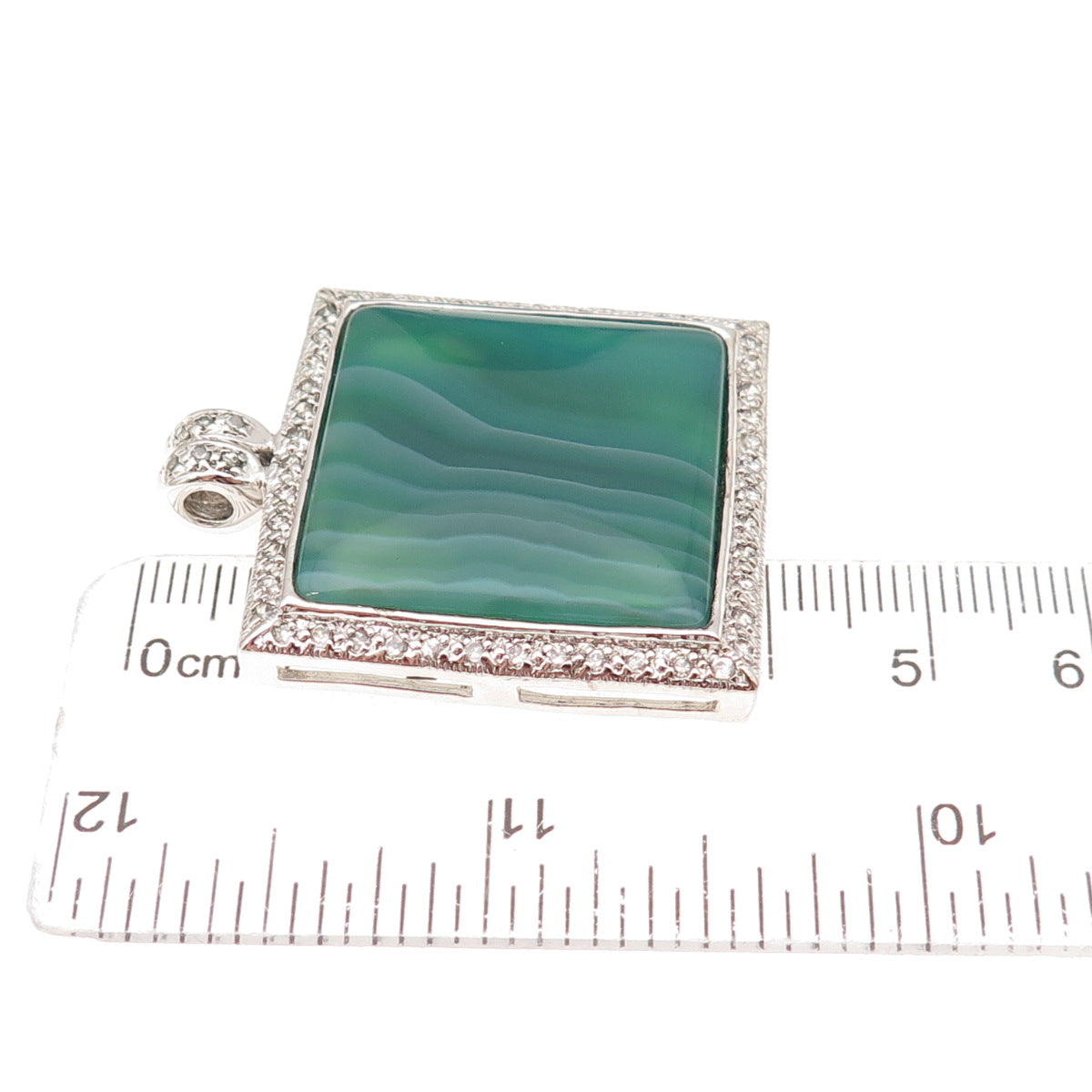 925 Sterling Silver Real Square-Cut Green Agate & Round-Cut C Z Pendant