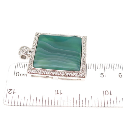 925 Sterling Silver Real Square-Cut Green Agate & Round-Cut C Z Pendant