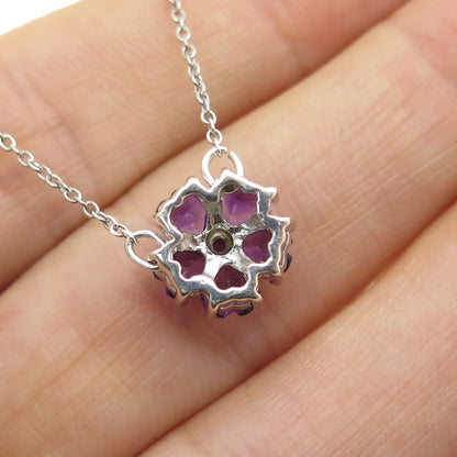 925 Sterling Silver Real Round & Heart-Cut Amethyst Floral Chain Necklace 18"