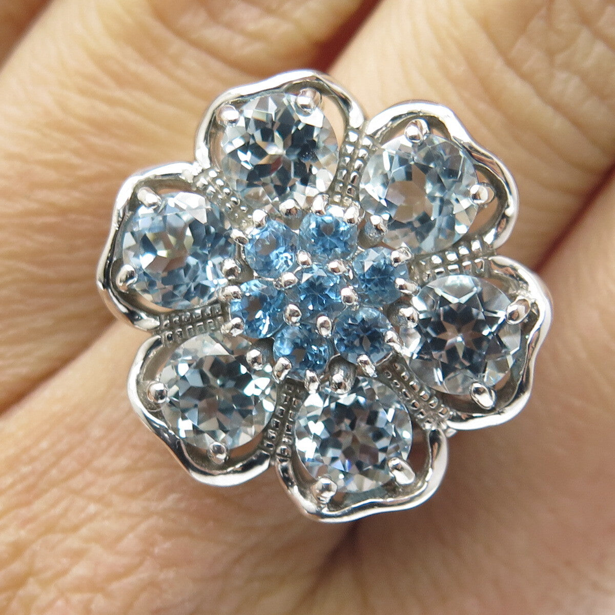 925 Sterling Silver Real Swiss & Blue Topaz Gemstone Flower Wide Ring Size 7.25
