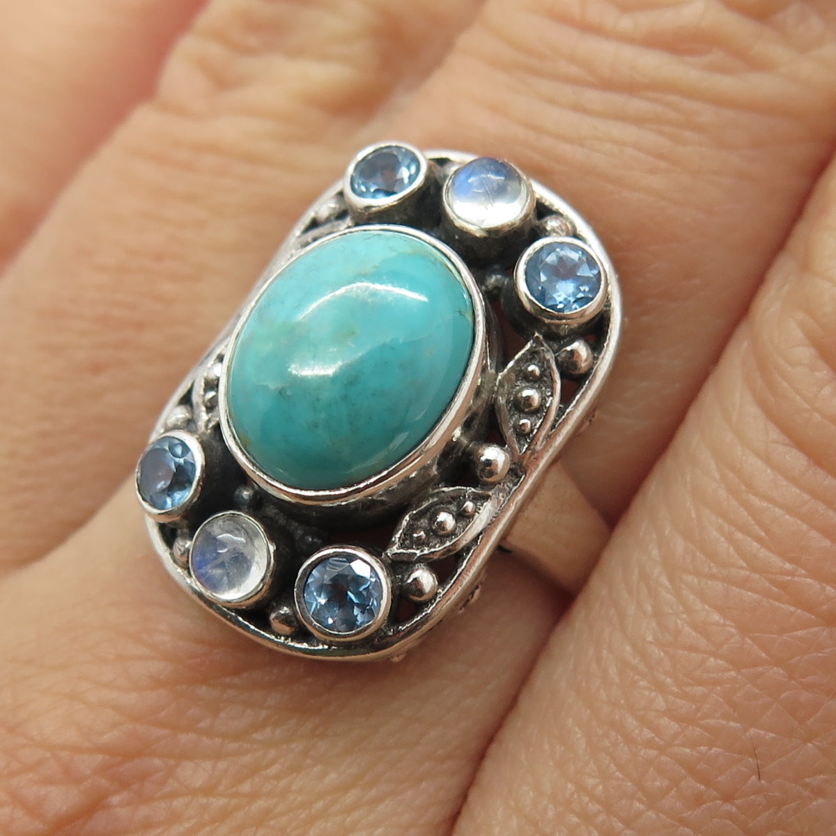 NICKY BUTLER 925 Sterling Vintage Turquoise Blue Topaz Moonstone Ring Size 7.25