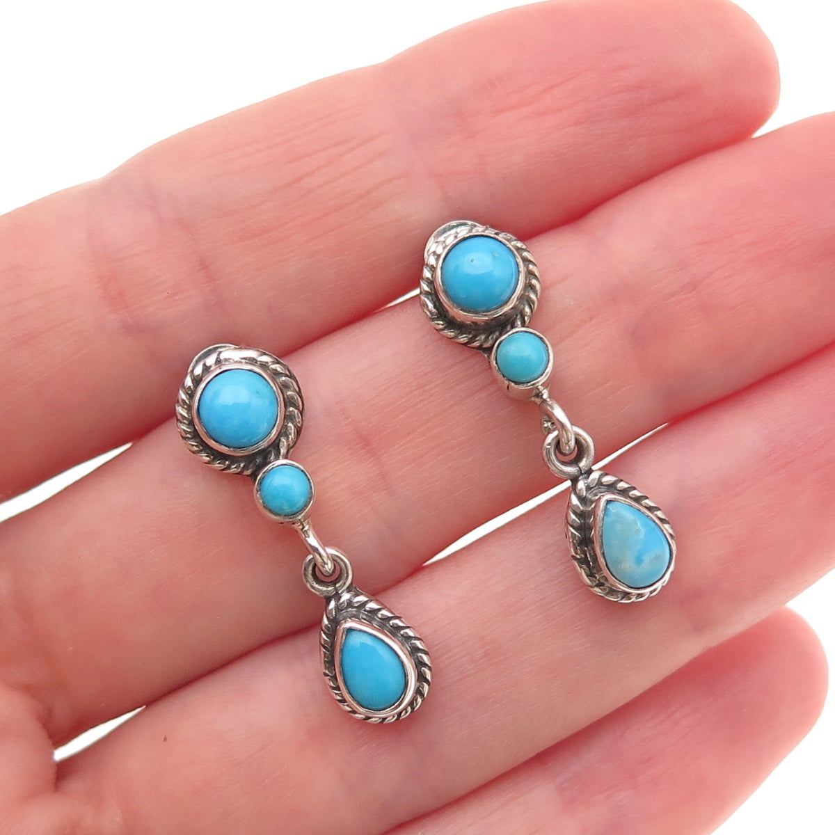 925 Sterling Silver Vintage Real Turquoise Oxidized Dangle Earrings