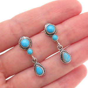 925 Sterling Silver Vintage Real Turquoise Oxidized Dangle Earrings