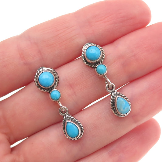 925 Sterling Silver Vintage Real Turquoise Oxidized Dangle Earrings