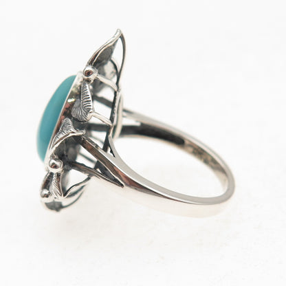 925 Sterling Silver Real Tyrone Turquoise Floral Oxidized Ring Size 8