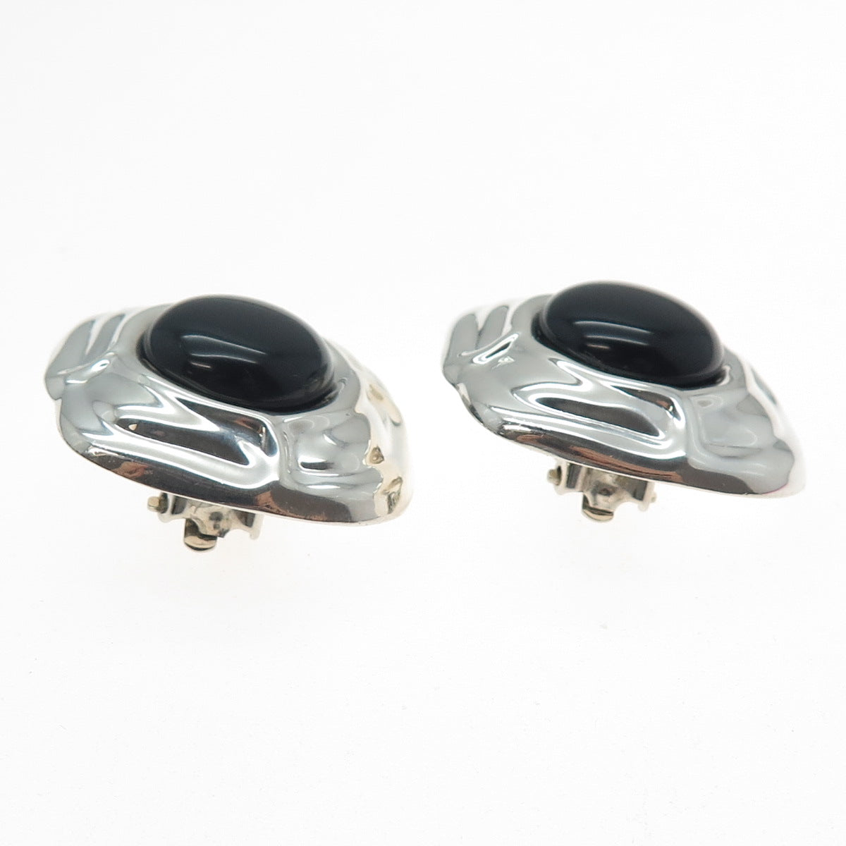 925 Sterling Silver Vintage Mexico Real Black Onyx Modernist Clip On Earrings