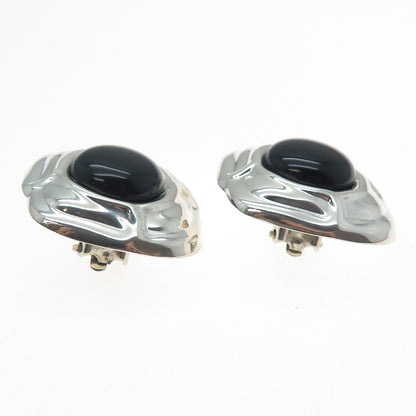 925 Sterling Silver Vintage Mexico Real Black Onyx Modernist Clip On Earrings