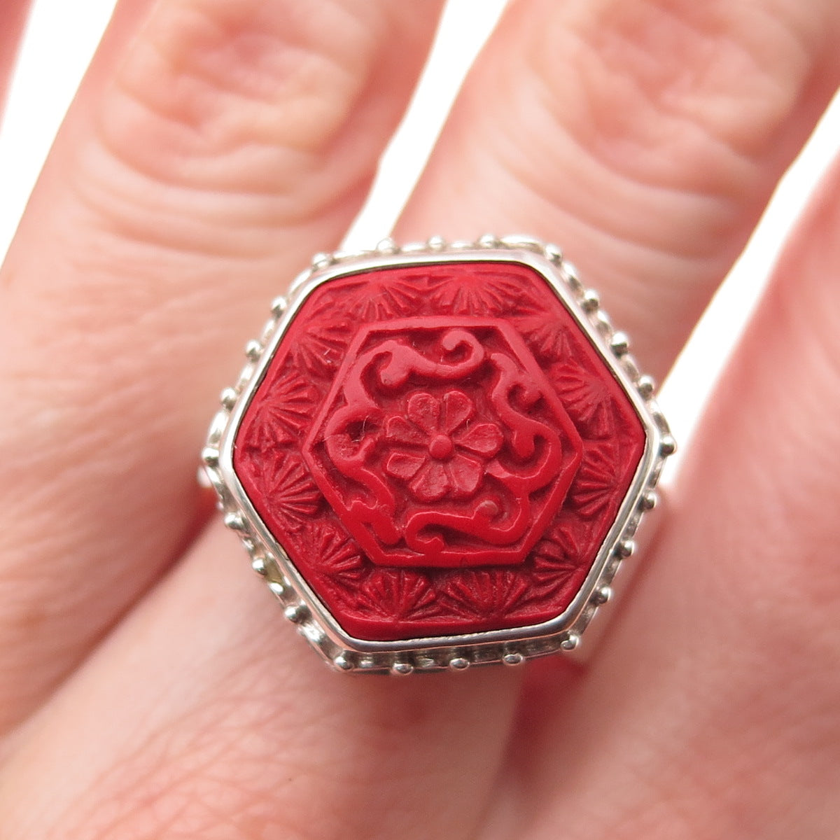 SAJEN 925 Sterling Silver Vintage Carved Red Cinnabar Adjustable Ring Size 10