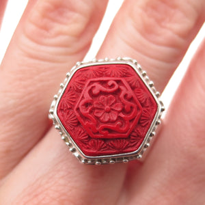 SAJEN 925 Sterling Silver Vintage Carved Red Cinnabar Adjustable Ring Size 10