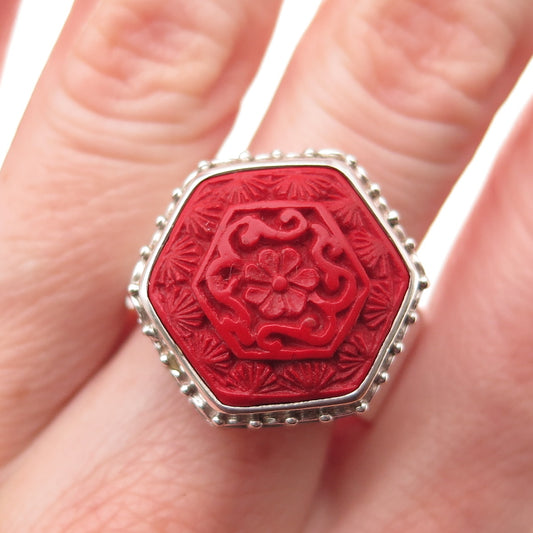 SAJEN 925 Sterling Silver Vintage Carved Red Cinnabar Adjustable Ring Size 10