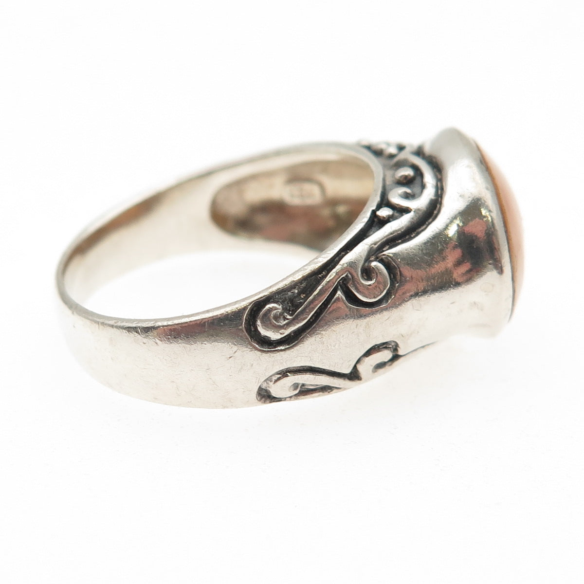 925 Sterling Silver Vintage Real MOP Modernist Scroll Oxidized Ring Size 8