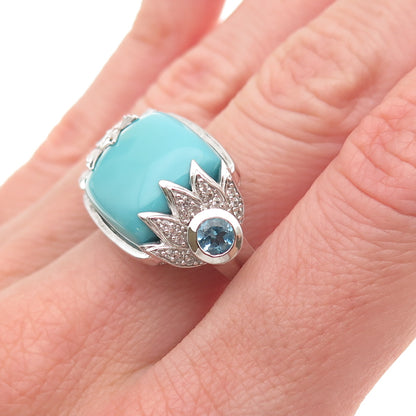 925 Sterling Silver Real Turquoise White & Blue Topaz Ring Size 8.25