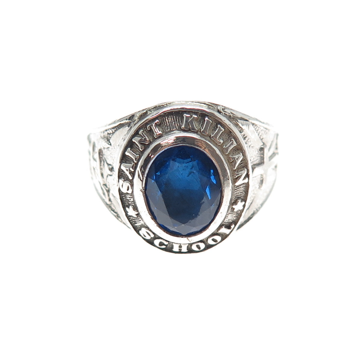 925 Sterling Silver Vintage 1972 Blue Glass St. Kilian School Ring Size 10