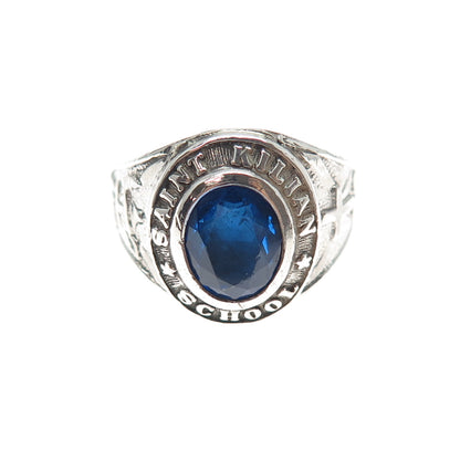 925 Sterling Silver Vintage 1972 Blue Glass St. Kilian School Ring Size 10