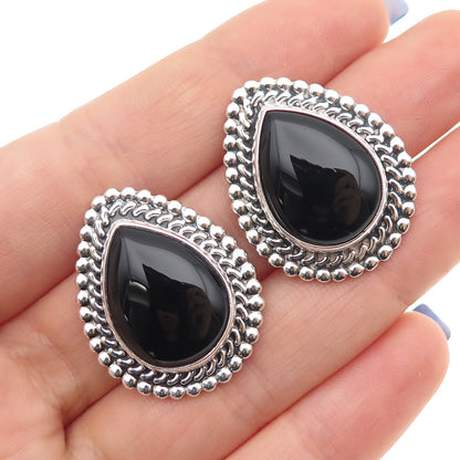 Mark Washerman Samara 925 Sterling Vintage Mexico Black Onyx Oxidized Earrings
