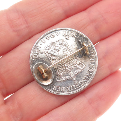 720 Silver Antique 1944 Netherlands 1 Gulden - Wilhelmina Coin Pin Brooch