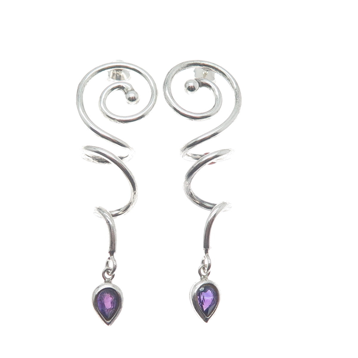 925 Sterling Silver Vintage Real Pear-Cut Amethyst Gem Spiral Dangle Earrings