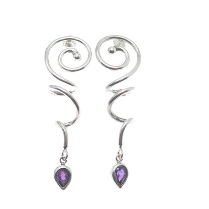 925 Sterling Silver Vintage Real Pear-Cut Amethyst Gem Spiral Dangle Earrings