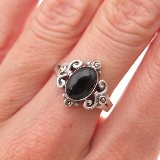 925 Sterling Silver Vintage Real Black Onyx & Marcasite Oxidized Ring Size 6.5