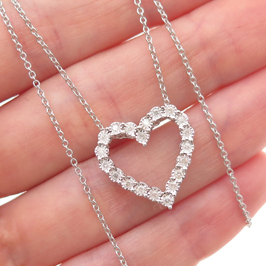 925 Sterling Silver Real Round-Cut Diamond Heart Cable Chain Necklace 18"