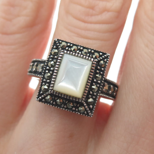 925 Sterling Silver Vintage Real MOP & Marcasite Art Deco Style Ring Size 7