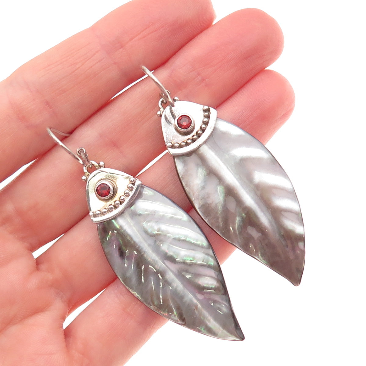 SAJEN Sterling Silver Vintage Real Abalone Shell & Garnet Floral Dangle Earrings
