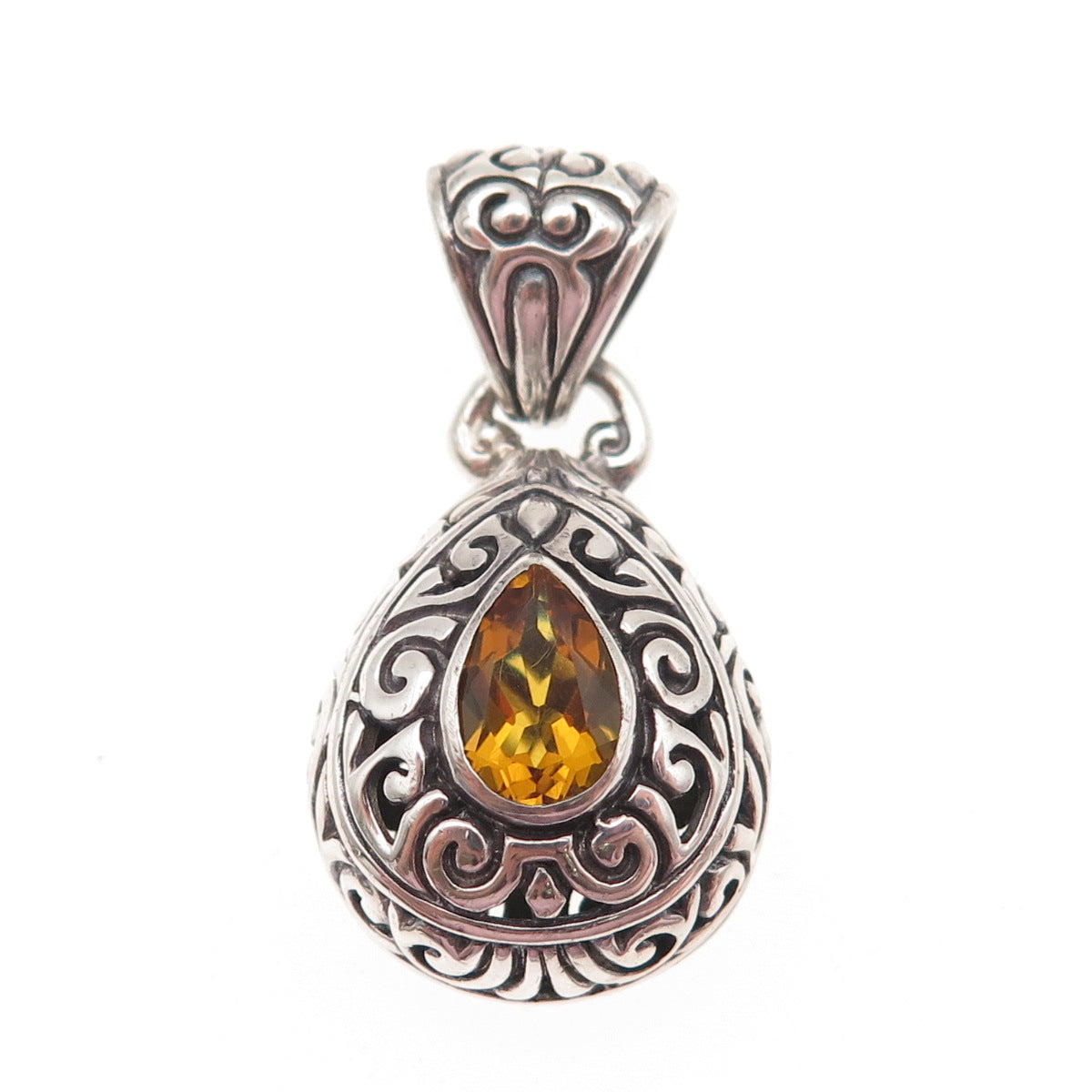 925 Sterling Silver Vintage Real Pear-Cut Citrine Swirl Charm Pendant