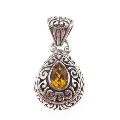 925 Sterling Silver Vintage Real Pear-Cut Citrine Swirl Charm Pendant