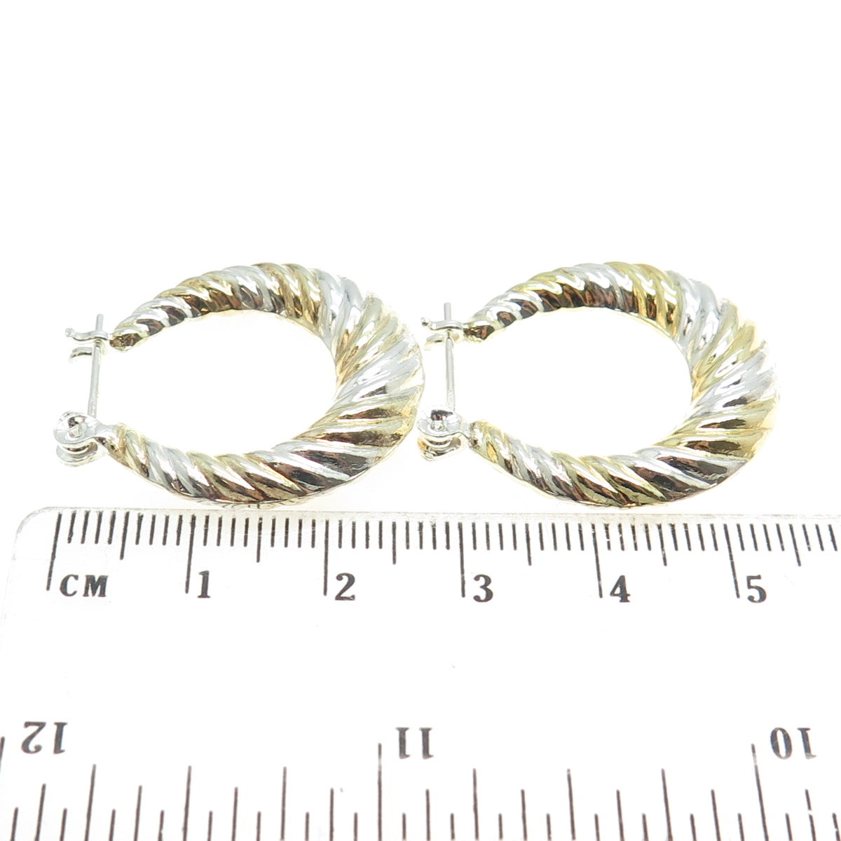 925 Sterling Silver 2-Tone Ribbed Hinged Hoop Earrings